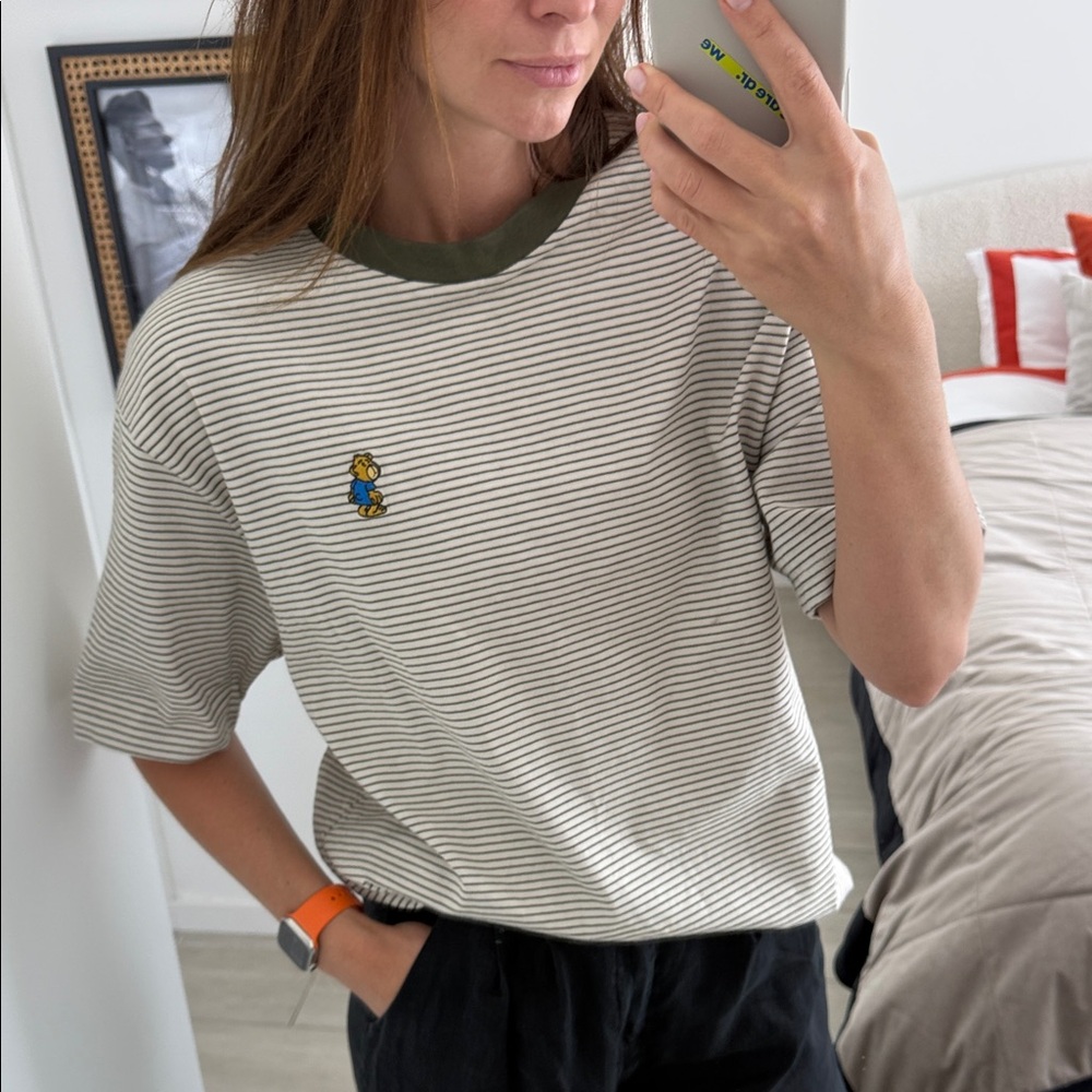 Striped Short Sleeve Tee with Contrast Neck - Beige/Black